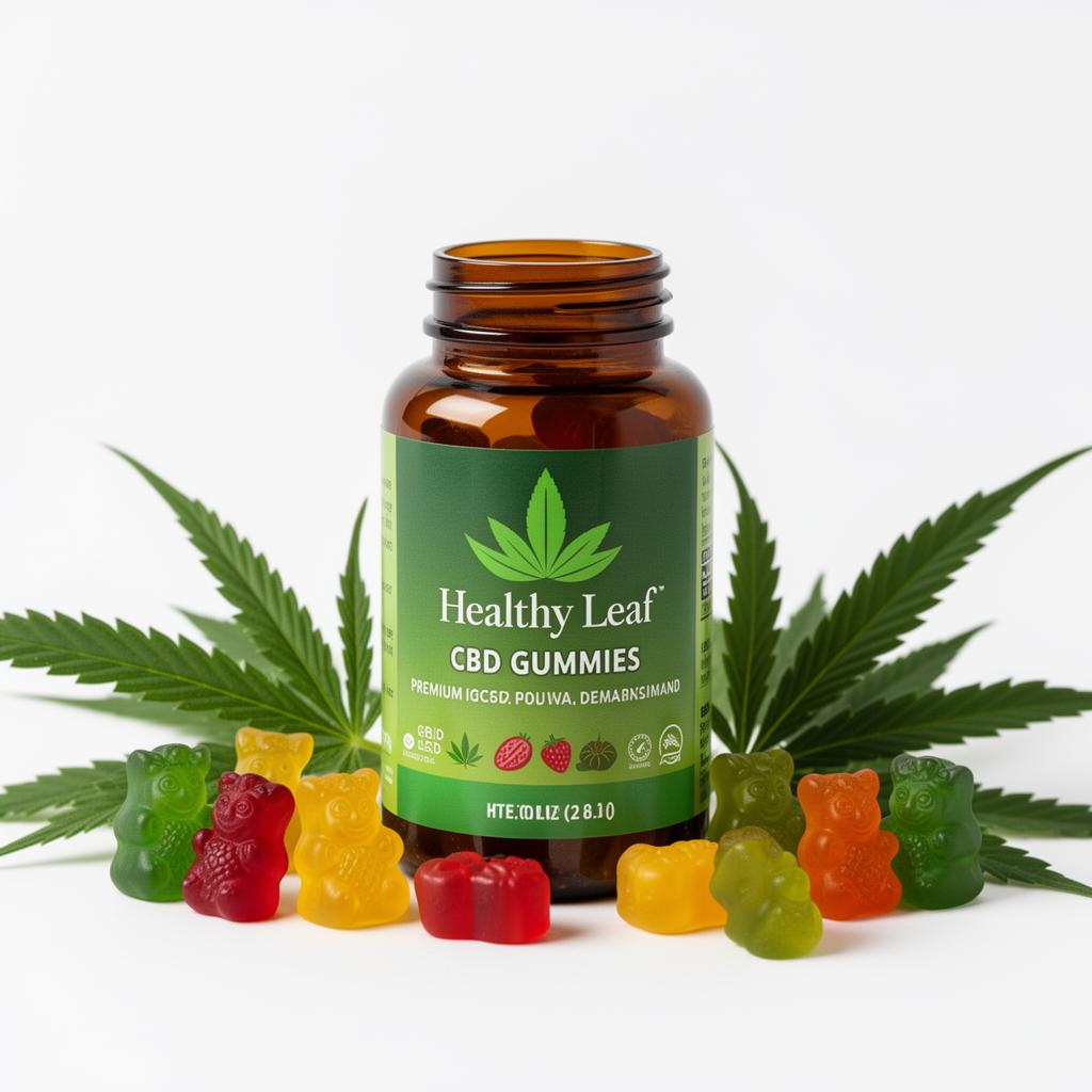 Healthy Leaf CBD Gummies bottle with hemp leaves and colorful gummies